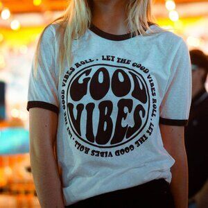 NWT -Good Vibes Ringer Tee – Alley & Rae – Let The Good Vibes Roll – Mad…